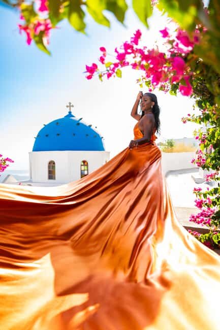 Proffessional Flying Dress Photoshoot with 50 edited photos - What to Expect from This Santorini Photoshoot Experience